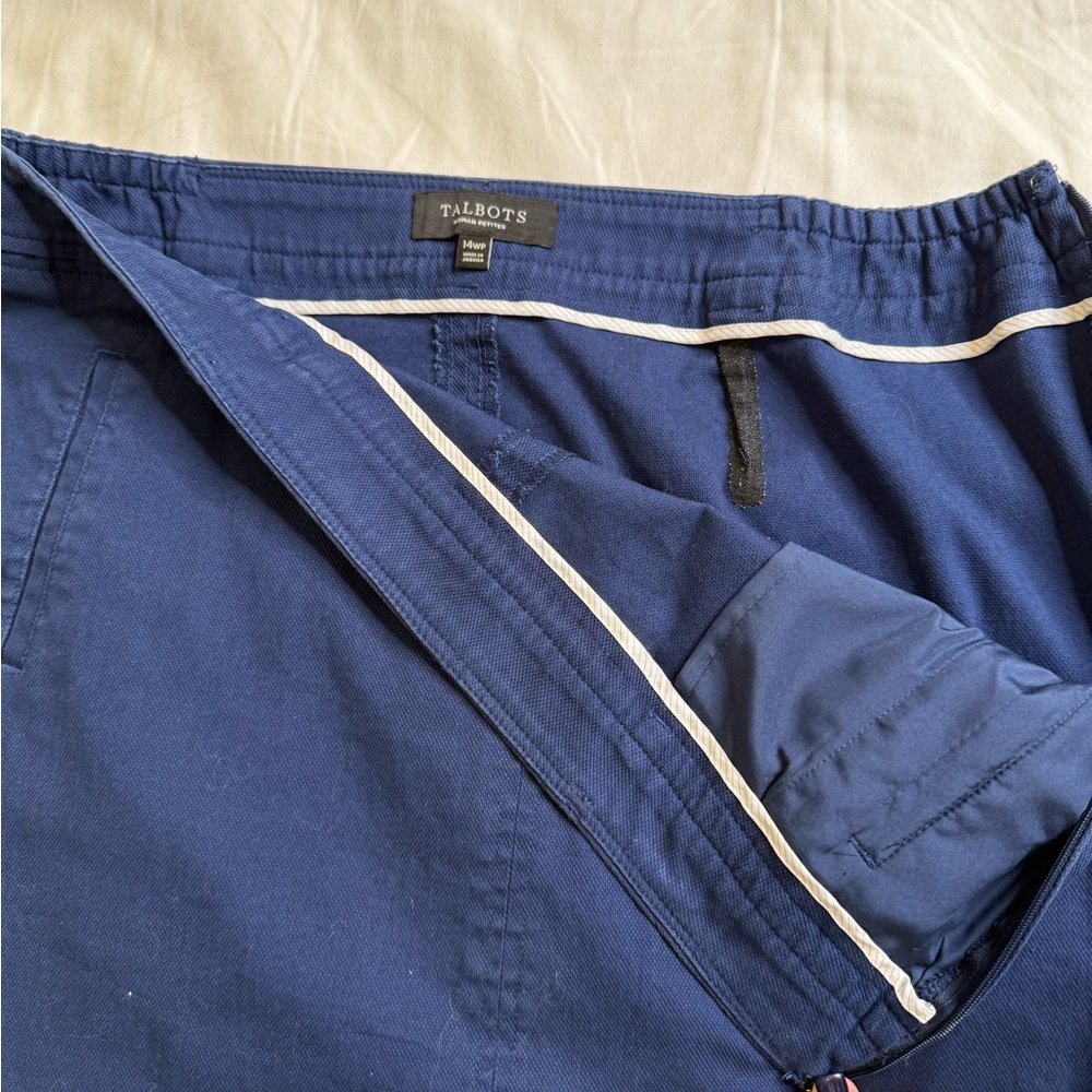 Talbots 14WP Navy Stretch Cotton Denim Skirt | Classic Fit Straight Knee Length - Picture 7 of 13